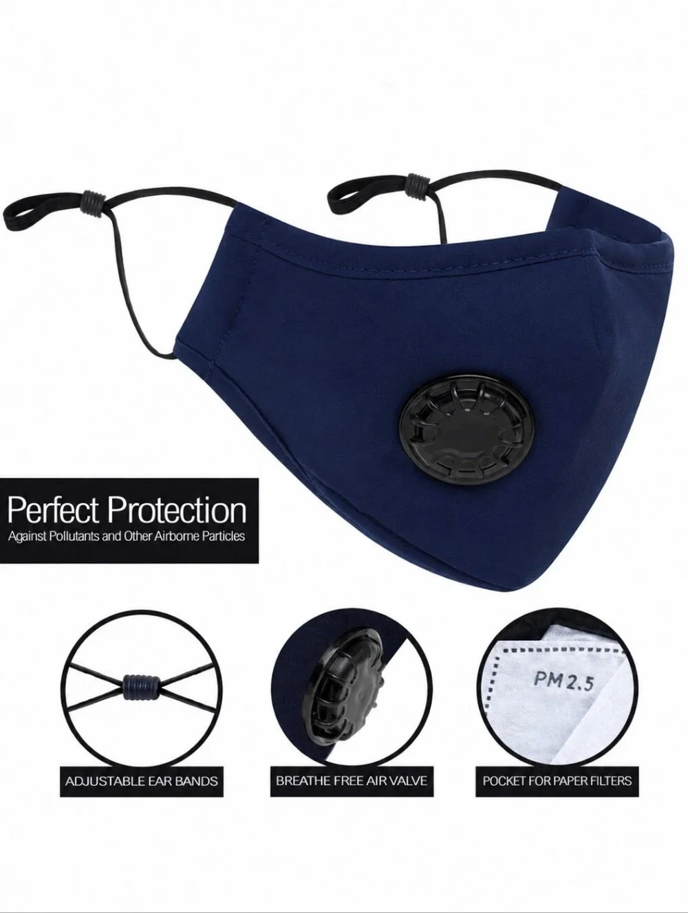 😷 Navy Blue PM2.5 Face Mask Air Valve Adjustable + 3 Filters Reusable ✨